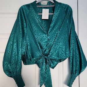 Teal Satin Leopard Print Blouse